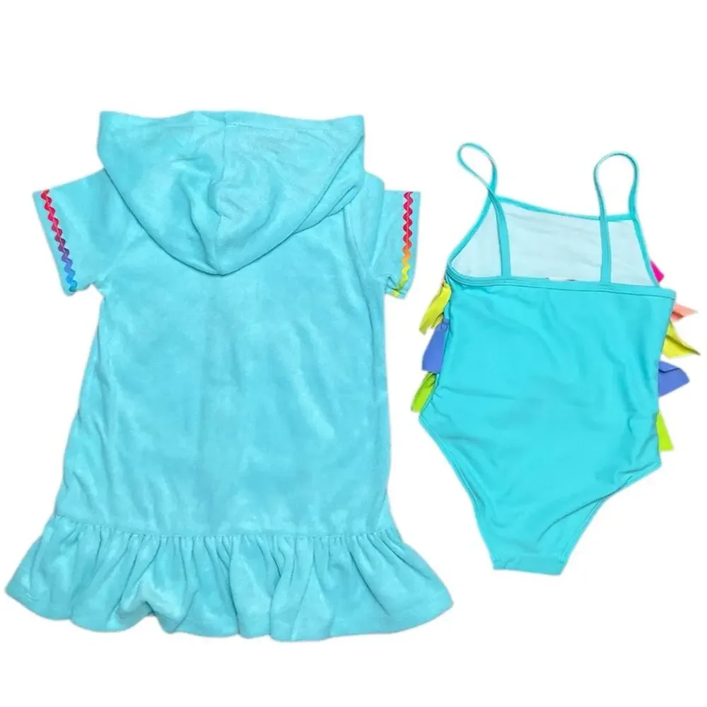 Flapdoodles Girls Aqua and Lime Swimsuit Set Cover up Size 3T NWT